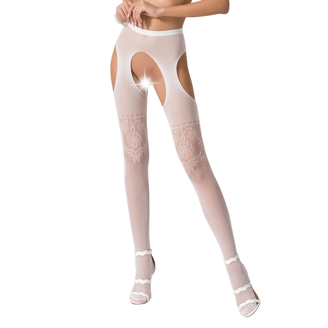 Колготки бодістокінги з відкритим доступом passion s017 one size, white, імітація панчіх та пояса