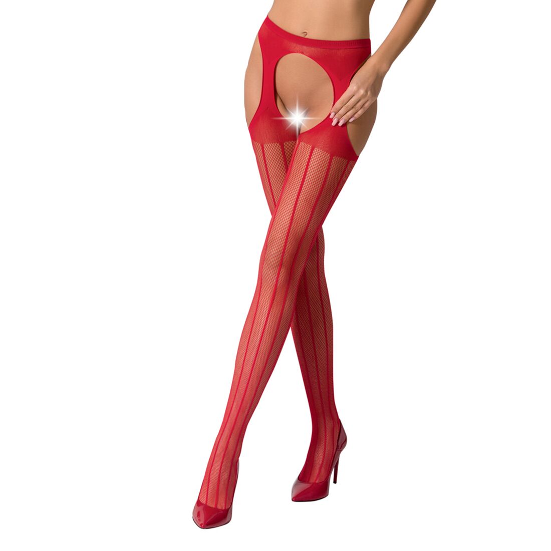 Сітчасті панчохи стокінги passion s018 one size, red, імітація пояса, сітка з вертикальними смужками