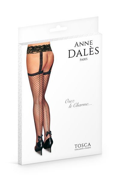 Панчохи з поясом anne de ales tosca t1 black, середня сіточка, ззаду стрілки, мереживний пояс
