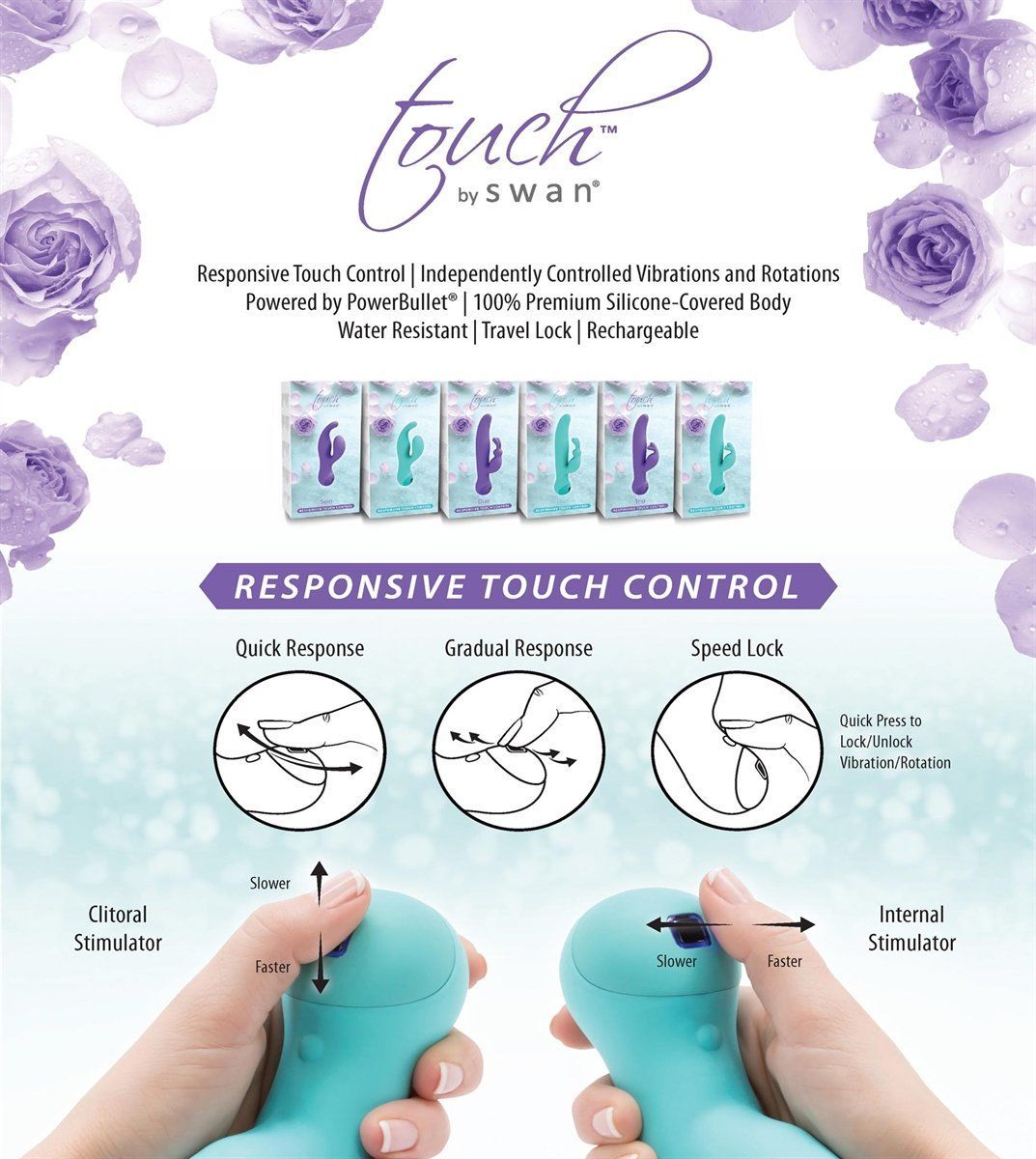 Вібратор кролик з сенсорним управлінням і ротацією touch by swan duo purple, глибока вібрація Вібратор кролик з сенсорним управлінням і ротацією touch by swan duo purple, глибока вібрація